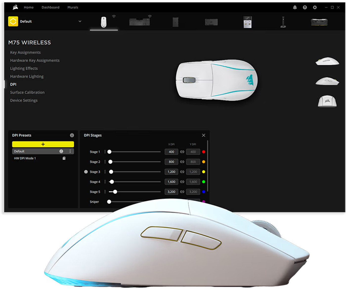 Gaming setup showing Corsair M75 Wireless with custom iCUE lighting